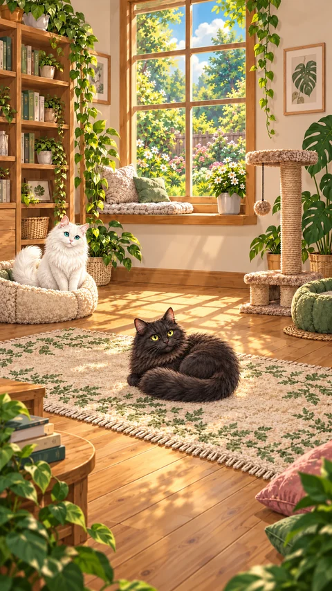 Cats GO sunlit home with a white cat resting in a bed and a fluffy black cat on the rug