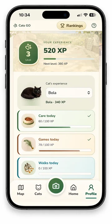 Cats GO screen: Experience, levels & daily limits