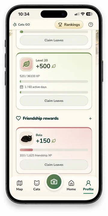 Cats GO screen: Leaves & progress rewards